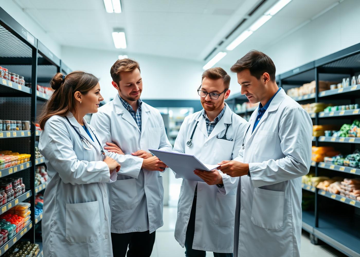 Equipe de consultores em segurança dos alimentos analisando documentação